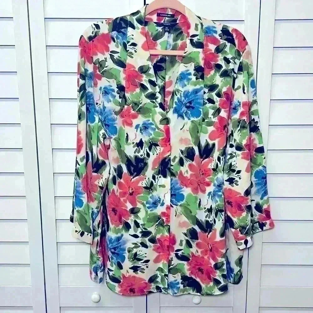 Investments Caroline V-Neck 3/4 Sleeve Floral Button Down Top Size 2X